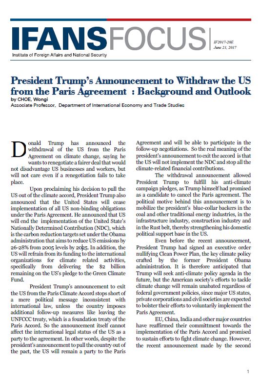 President Trump’s Announcement to Withdraw the US from the Paris Agreement : Background and Outlook
