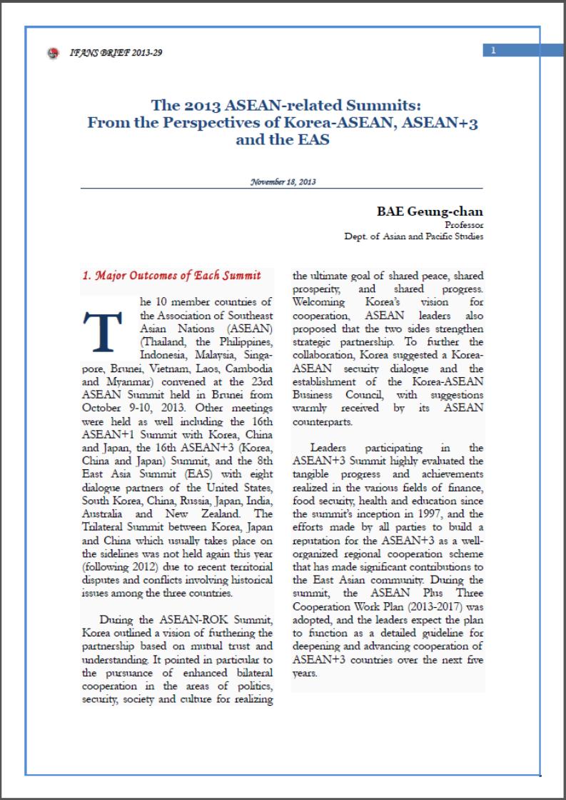 The 2013 ASEAN-related Summits: From the Perspectives of Korea-ASEAN, ASEAN+3 and the EAS