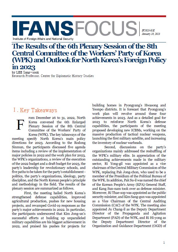 The Results of the 6th Plenary Session of the 8th Central Committee of the Workers’ Party of Korea (WPK) and Outlook for North Korea’s Foreign Policy in 2023