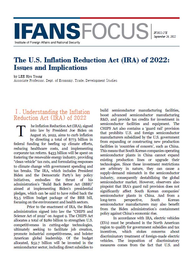 The U.S. Inflation Reduction Act (IRA) of 2022: Issues and Implications