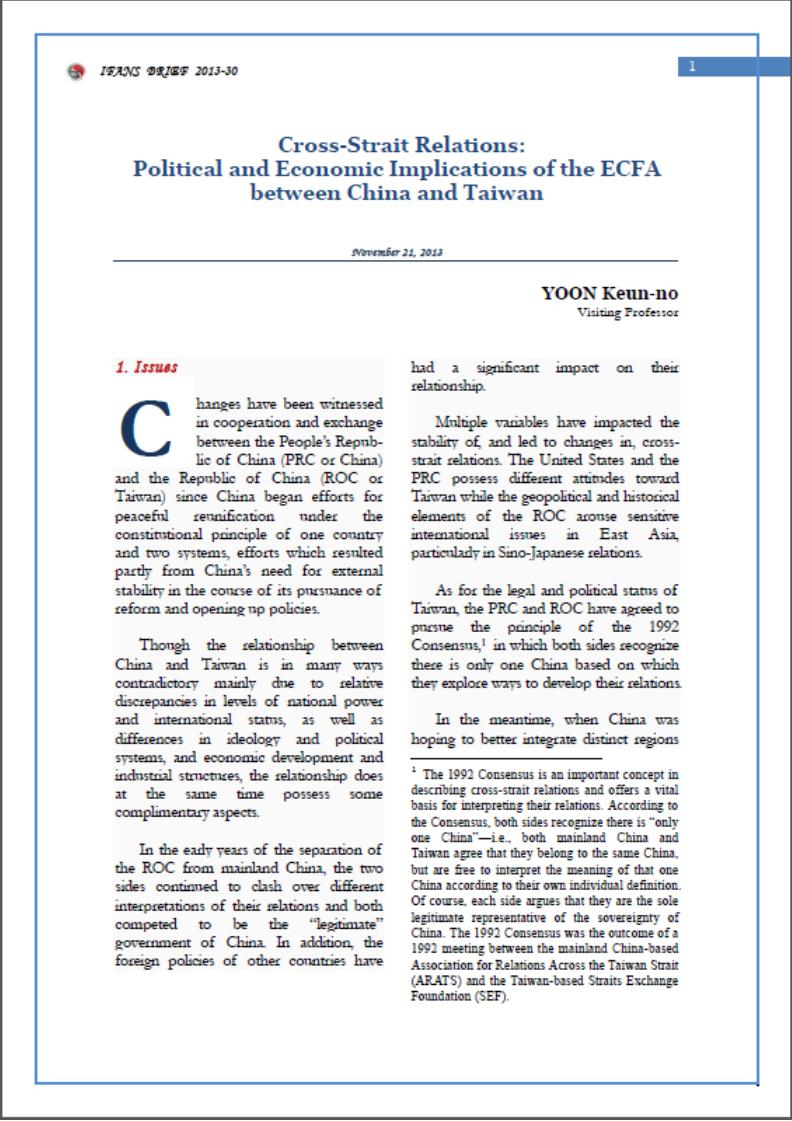 Cross-Strait Relations: Political and Economic Implications of the ECFA between China and Taiwan