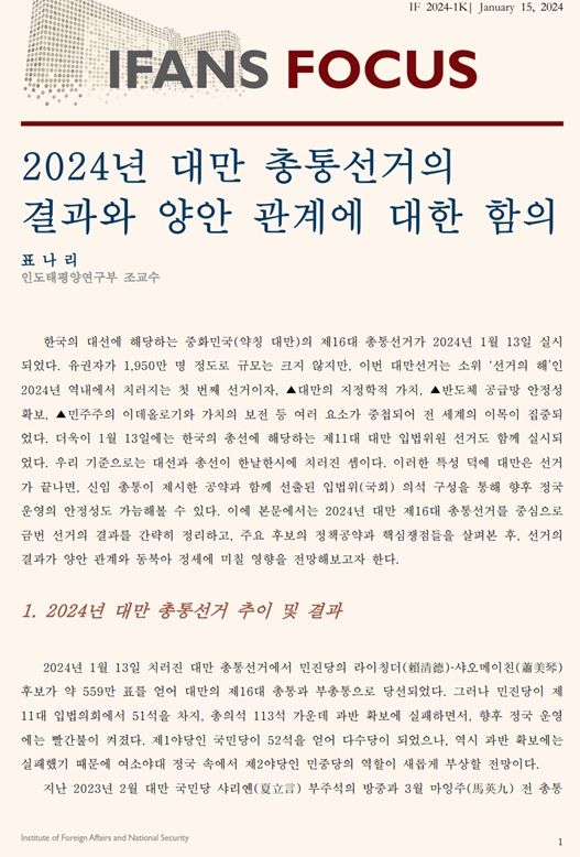 2024년 대만 총통선거의  결과와 양안 관계에 대한 함의