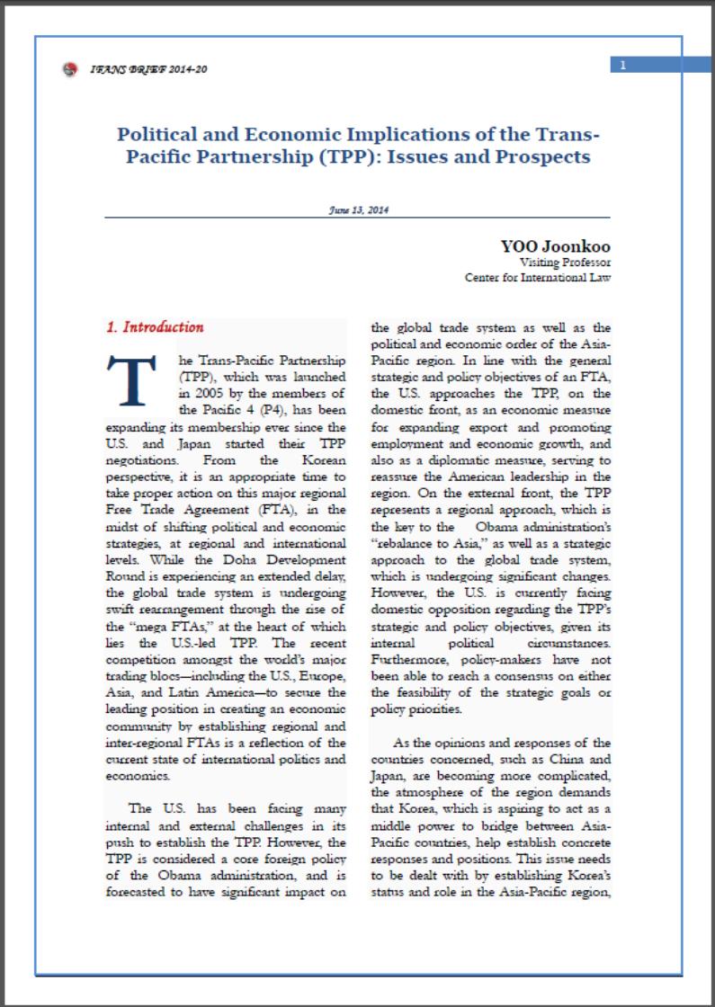 Political and Economic Implications of the Trans-Pacific Partnership (TPP) Issues and Prospects