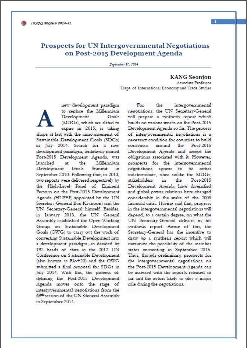 Prospects for UN Intergovernmental Negotiations on Post-2015 Development Agenda